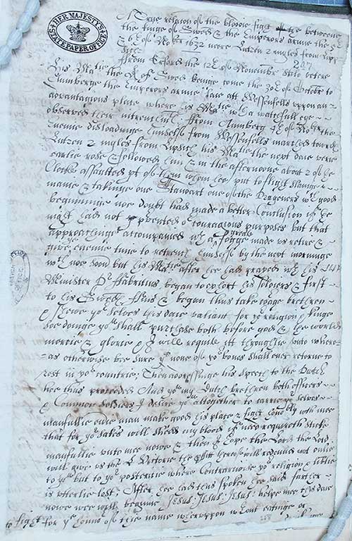 1632. An account from Paris regarding the Battle of Lutzen [Saxony] between the King of Sweden and the Imperial army (Catalogue reference SP 80/8 f.247).