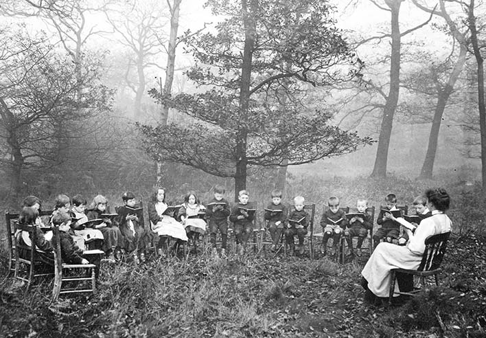 COPY 1/542 (53) Class reading in the woods, Thackley Open Air School, Bradford, 1910