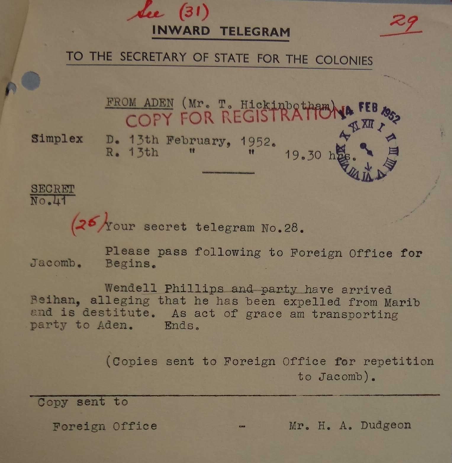 Hickinbotham’s telegram, 13 February 1952 (catalogue reference: CO 1015/751)