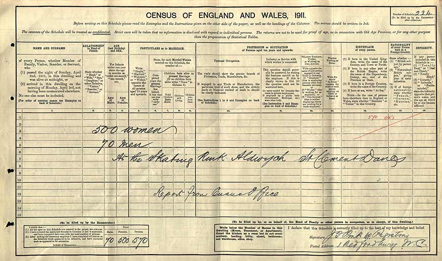Census boycott at Aldwych Skating Rink noting approximately 500 women and 70 men boycotting the 1911 census. Census Returns of England and Wales, 1911. Reference: RG 14/1194
