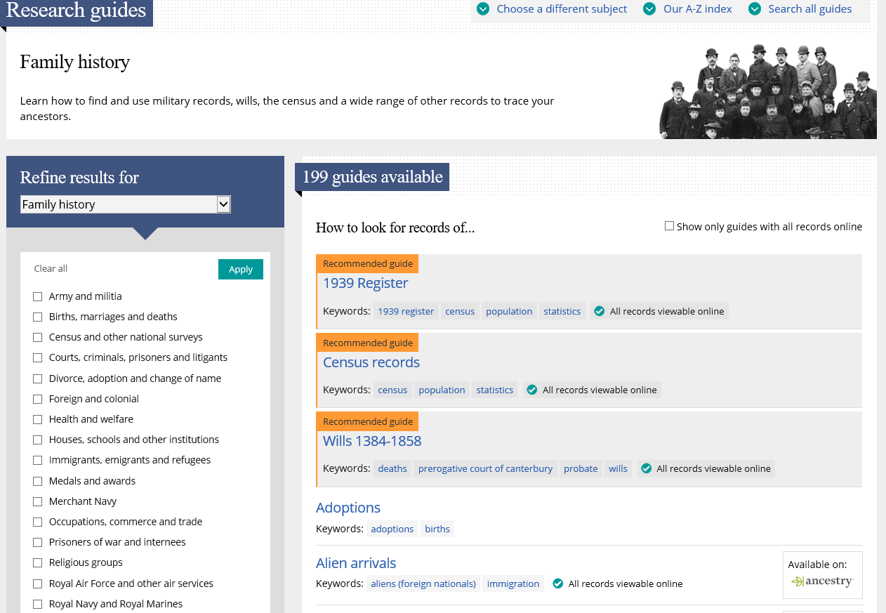 Image of the family history category sub filters