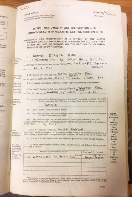 HO 334/1136/74043 - registration of British citizenship of Samuel Beaver King, 1966.