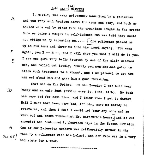 Alice Hawkins Black Friday testimony as submitted as evidence. Reference: MEPO 3/203.