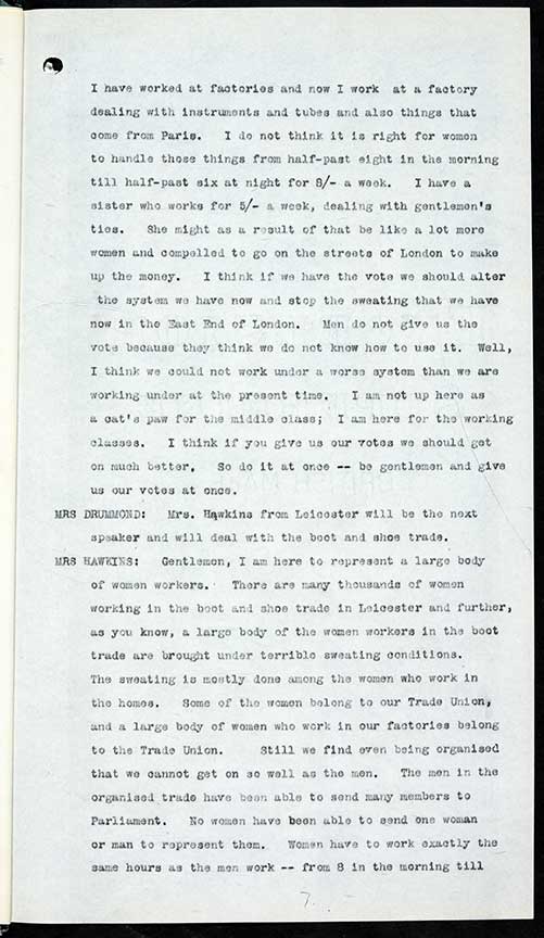 Deputation from ‘Working Women Suffragists’, 1913. Statement of Alice Hawkins. Reference: T 172/110.