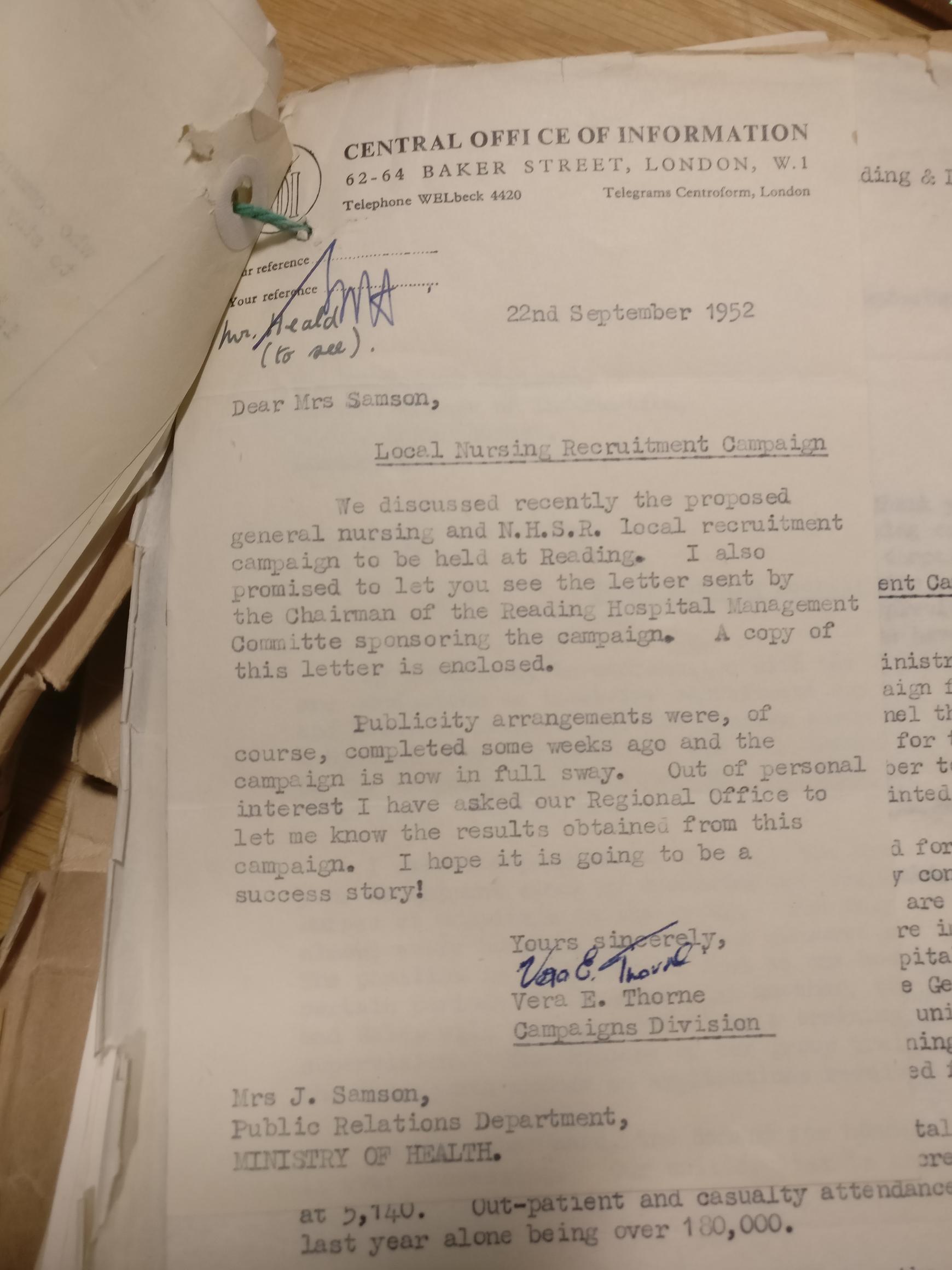 A letter from the Central Office of Information to the Ministry of Health regarding nursing recruitment, September 1952. Catalogue reference: MH 55/944