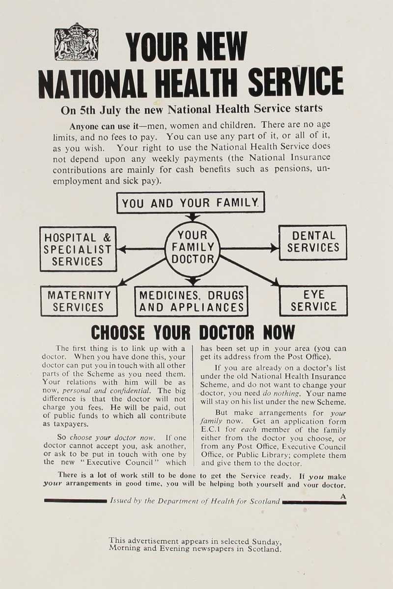 Your New National Health Service, leaflet produced by the Central Office of Information for the Scottish Department of Health, 1948. Catalogue reference: INF 2/66 folio 151