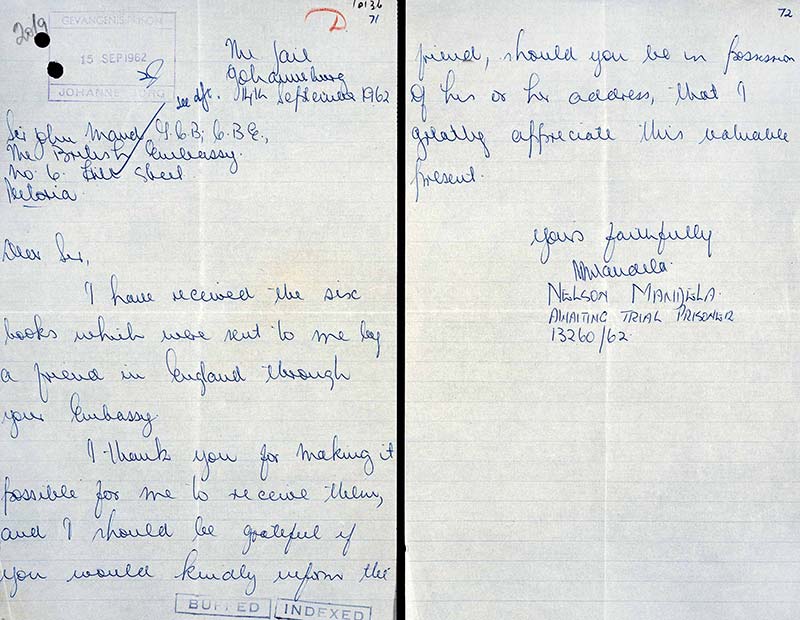 Mandela’s note of thanks to Sir John Maude at the British Embassy in Pretoria for arranging a gift of books from David Astor to be sent to him in Johannesburg Prison. DO 119/1478 Nelson Mandela: arrest and trial, 1962