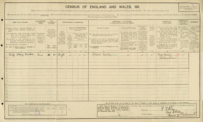 Census entry for Emily Davidson, The Houses of Parliament, 1911. Catalogue reference: RG 14/489.