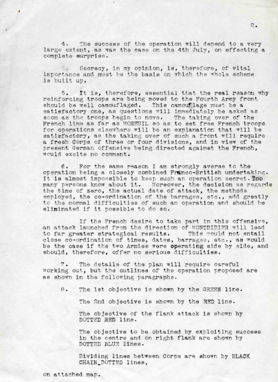 Fourth Army memo signed by Sir Henry Rawlinson, issued 17 July 1918. WO 95/437/2, Proposals for Offensive on Fourth Army Front