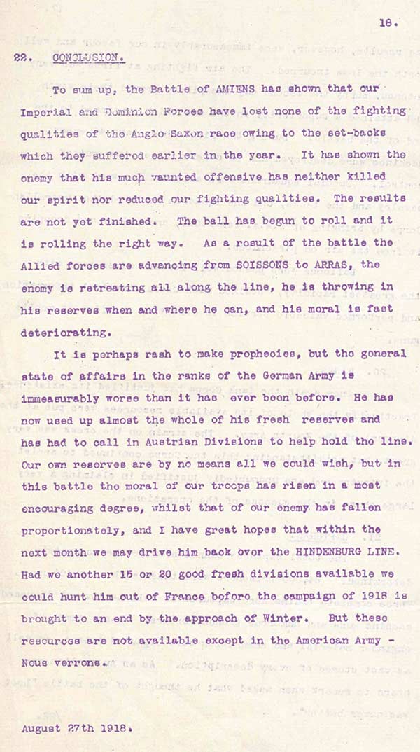 Conclusion from Lieutenant Colonel R M Luckock's account of the second phase of the Battle of Amiens, 27 August 1918. Fourth Army General Staff war diary, August 1918. WO 95/434/1
