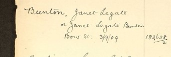 Janet Bunton as listed in the Home Office Index of Suffragettes. Reference: HO 45/24665.