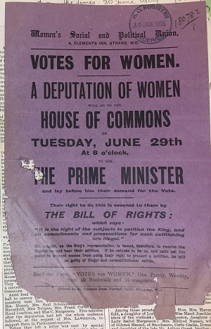 Women’s Social and Political Union flyer advertising a deputation to the House of Commons on Tuesday 29 June, 1909. Reference: HO 144/1038/180782.