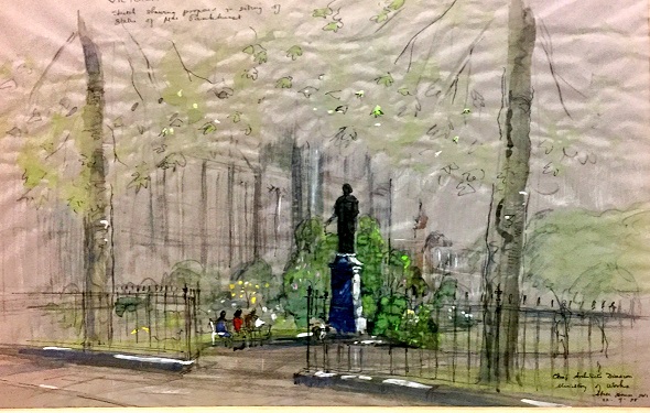 Statue of Emmeline Pankhurst: watercolour sketch showing proposed re-siting in Victoria Tower Gardens, 1958. Reference: WORK 35/335