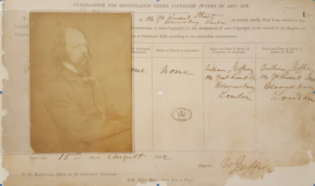 An image of the registration form a photograph of Alfred Tennyson registered by William Jeffrey on 15 August 1862 reference COPY 1/1/1 