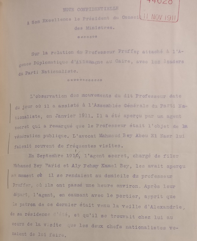 Confidential Note on Prüfer’s relations with the nationalist leaders, 3 November 1911 (catalogue reference: FO 371/1114)