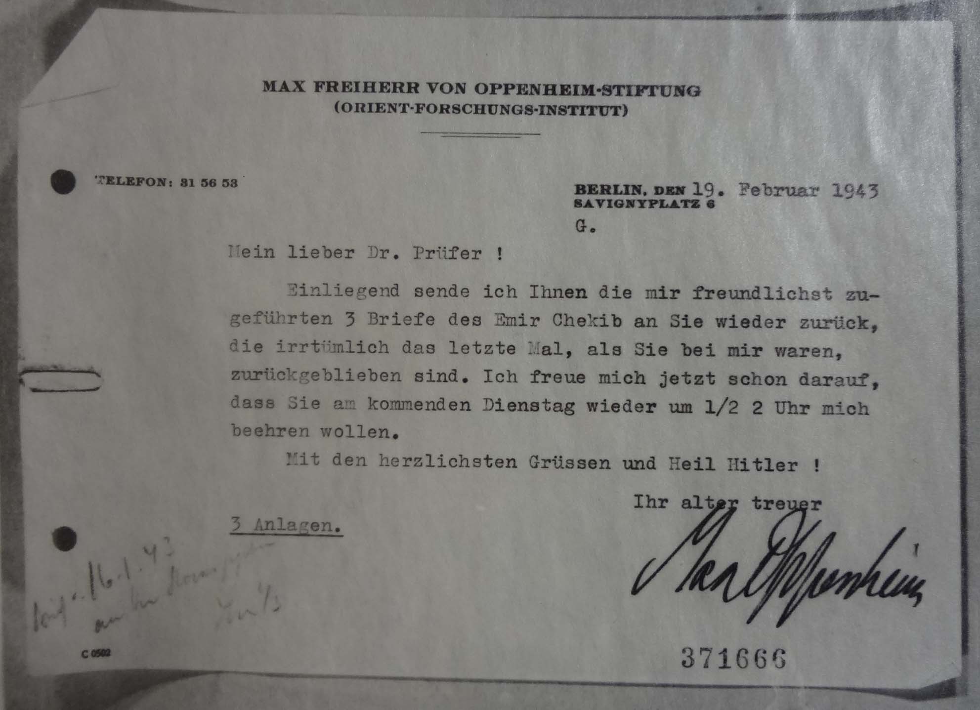 Max von Oppenheim to Curt Prüfer, 19 February 1943 (catalogue reference: GFM 33/607)