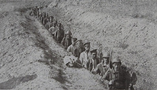 Bulgarian front: Greek soldiers escorting Bulgar prisoners along a trench. Illustrated London News July - december 1918. TNA reference ZPER 34/153