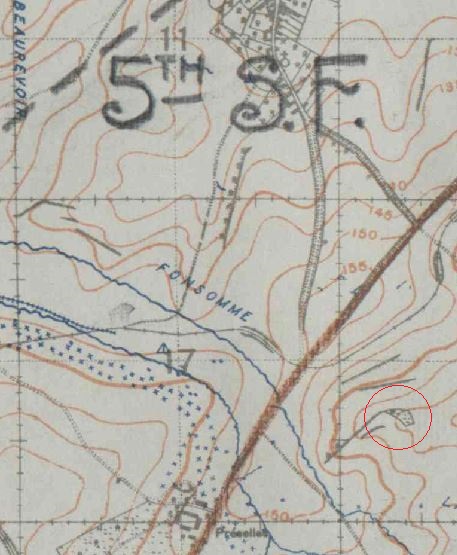 Map extract from WO 95/2693/4, 139 Infantry Brigade diary. The right hand side of 1/5th Sherwood Foresters is shown by the brown pencil line running diagonally through the map. The copse (circled) is outside this area.