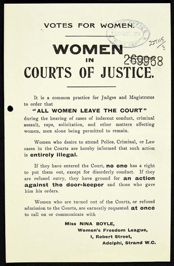 Flyer on the exclusion of women during sexual offences trials, complaints by Women's Freedom League 1912-1914. Reference: HO 45/24634.