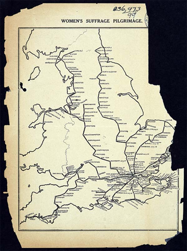 Women’s Suffrage Pilgrimage map which shows the extent of the national suffrage campaigns, June to July 1913. Reference: HO45/10695/231366.