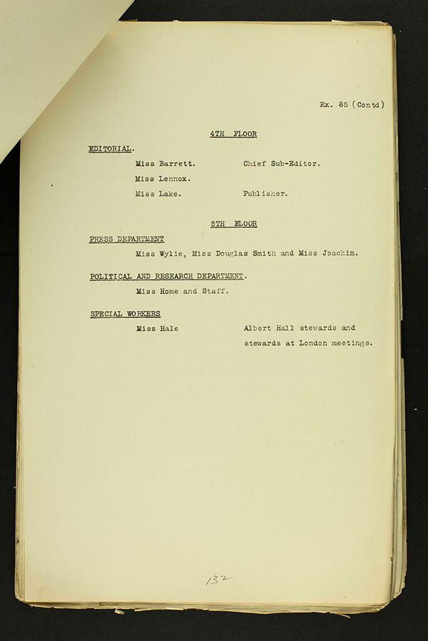 Exhibit 85, listing departments in the WSPU headquarters. Reference: DPP 1/19.