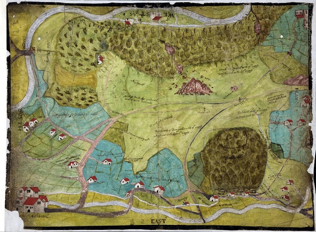 MPB 1/7, colouful map showing a sketch of the manor of Ashburton, Devon