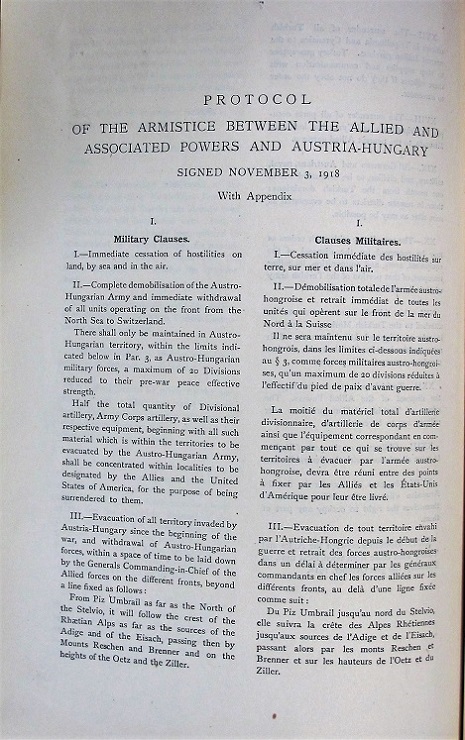 Terms of the armistice signed between the Allied and Associated powers and Austria-Hungary. TNA reference: ADM 116/1931