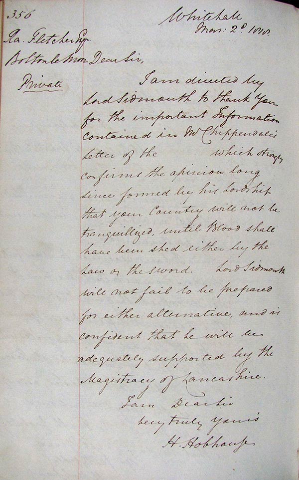 Copy of letter from Henry Hobhouse, Permanent Under-Secretary at Whitehall, to R Fletcher, 2 March 1819. Catalogue reference: HO 79/3 f356