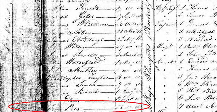 Driver John Lees' very faint (circled in red) entry in the Waterloo Medal Roll. Catalogue reference: WO 100/14