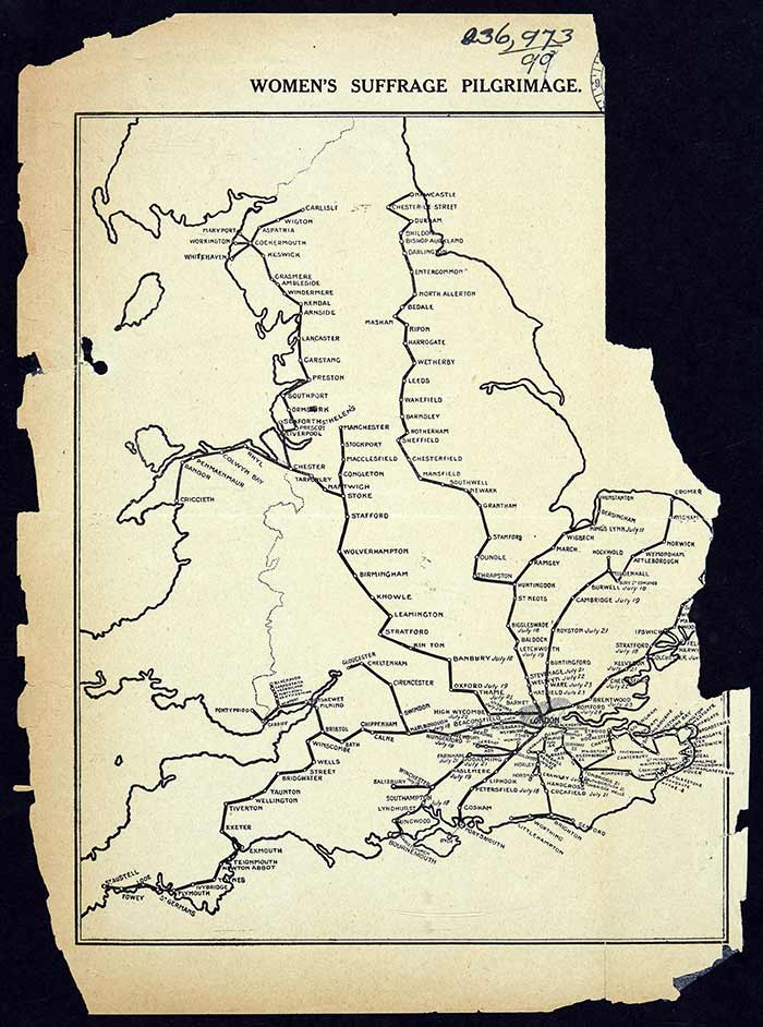 Women’s Suffrage Pilgrimage map from ‘The Common Cause’ which shows the extent of the national suffrage campaigns, June to July 1913. Reference: HO45/10695/231366.