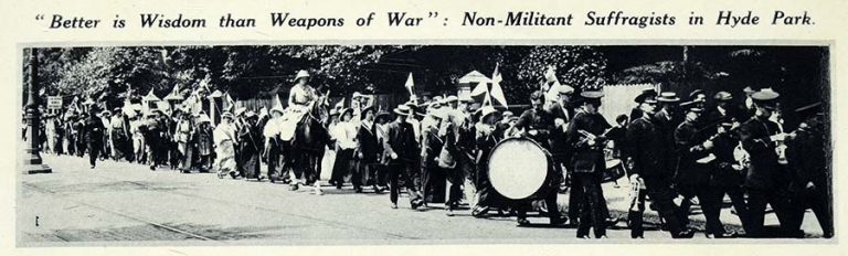 ‘A pilgrimage of law-abiding suffragists: marching through Ealing.’ Image from the Illustrated London News, August 2 1913. ZPER 34/143.