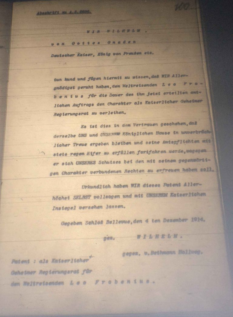 Frobenius’ appointment as Kaserlicher Geheimer Regierungsrat, 4 December 1914 (catalogue reference: GFM 14/138)