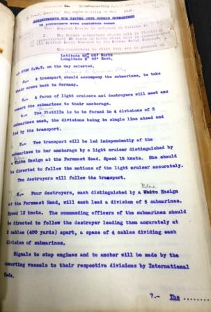 Instructions for the surrender of submarines at Harwich, 1918. Catalogue reference ADM 137/2483