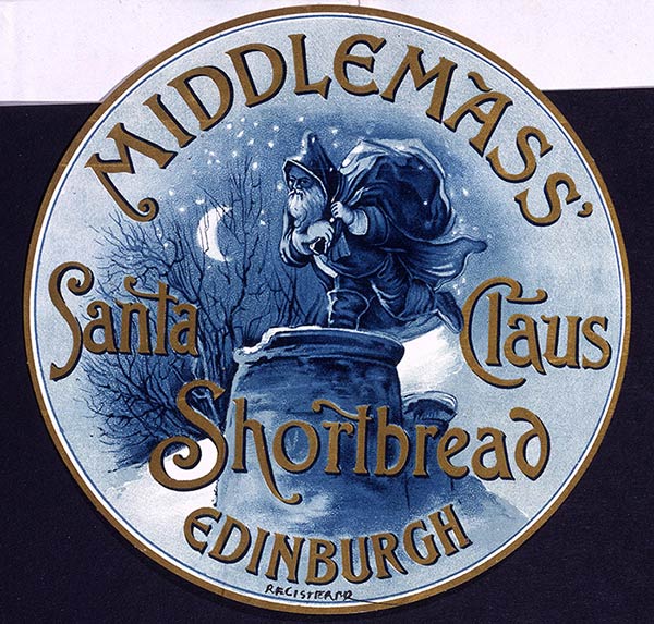 Promotional art work for Middlemass' Santa Claus Shortbread, Edinburgh 1895