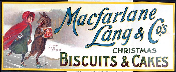 Promotional art work for Macfarlane Lang & Co's Christmas biscuits & cakes 1903