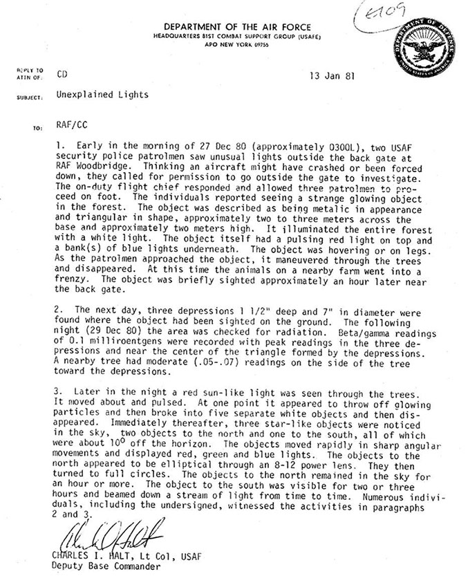 Report by Lieutenant Colonel Charles Halt concerning the lights seen around Rendlesham Forest in December 1980, catalogue ref: DEFE 24/1948/1