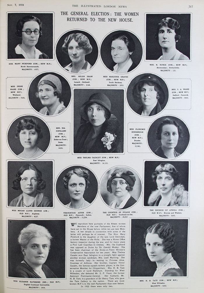 Election spread in the Illustrated London News from 1931, noting ‘there are more women in Parliament than ever before. In 1922 there were only two.’ ZPER 34/179.
