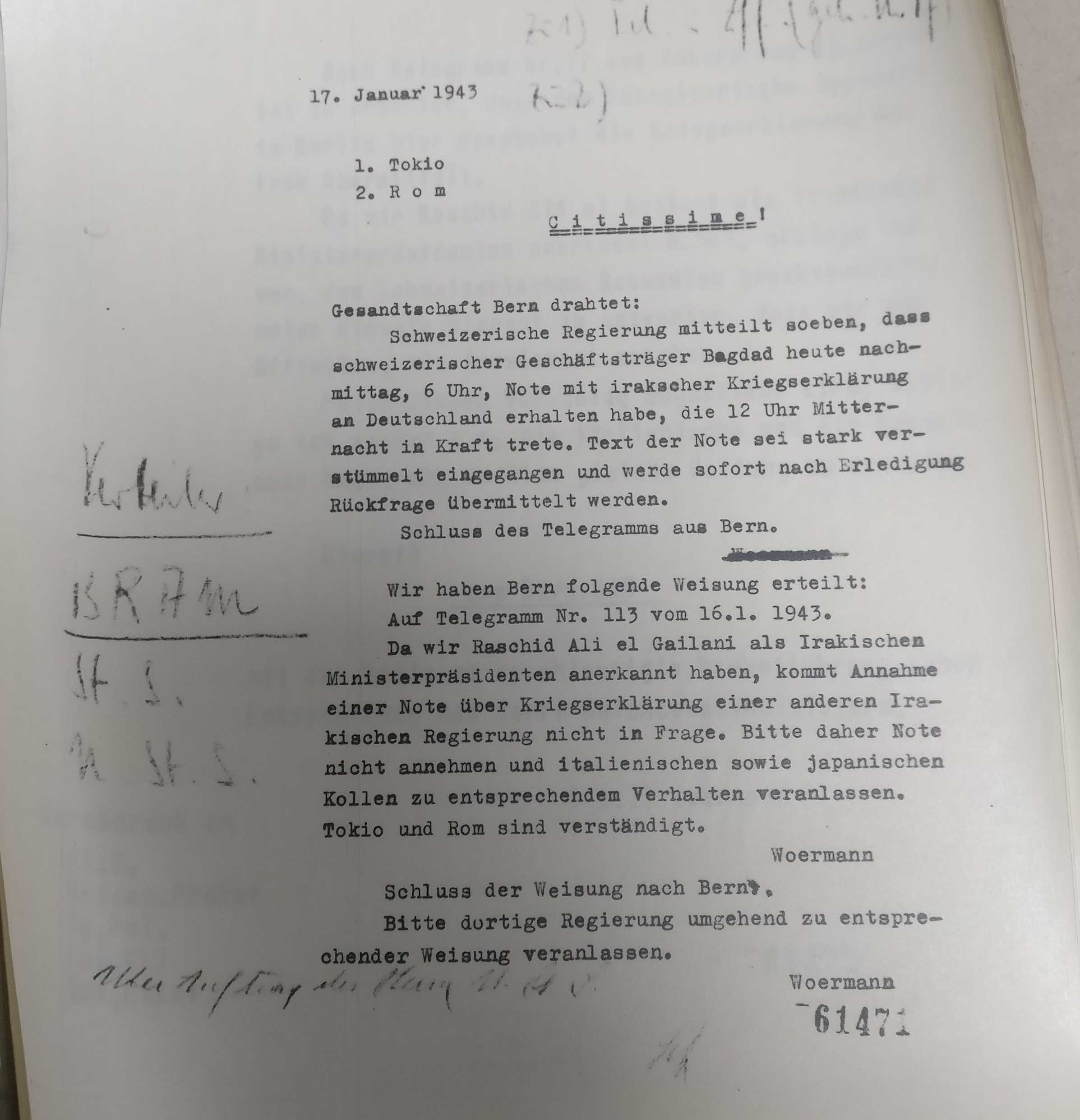 Germany refused to accept the Iraqi declaration of war, 17 January 1943 (catalogue reference: GFM 33/91) 