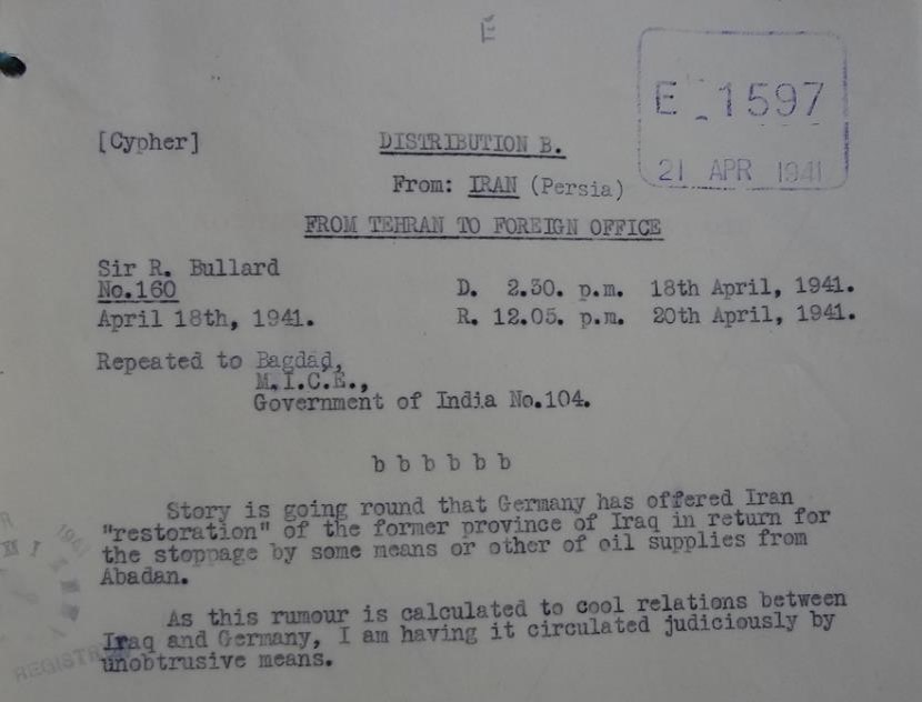 Telegram from the British Ambassador to Iran to the Foreign Office, 18 April 1941 (catalogue reference: FO 371/27042A)
