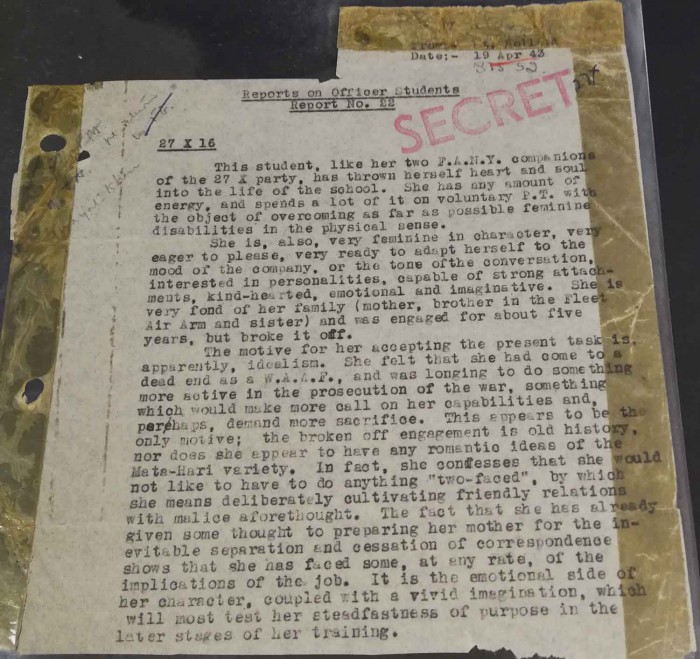 Report on Noor Khan's character and motivations dated 19 April 1943. Taken from her personnel file HS 9/836/5