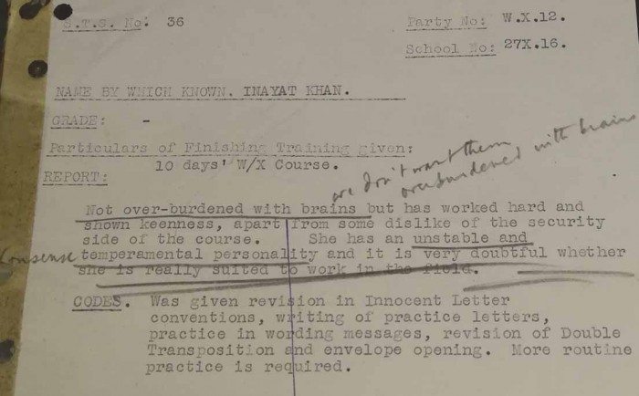 Report on Noor Khan's Training dated 21 May 1943. Taken from her personnel file HS 9/836/5