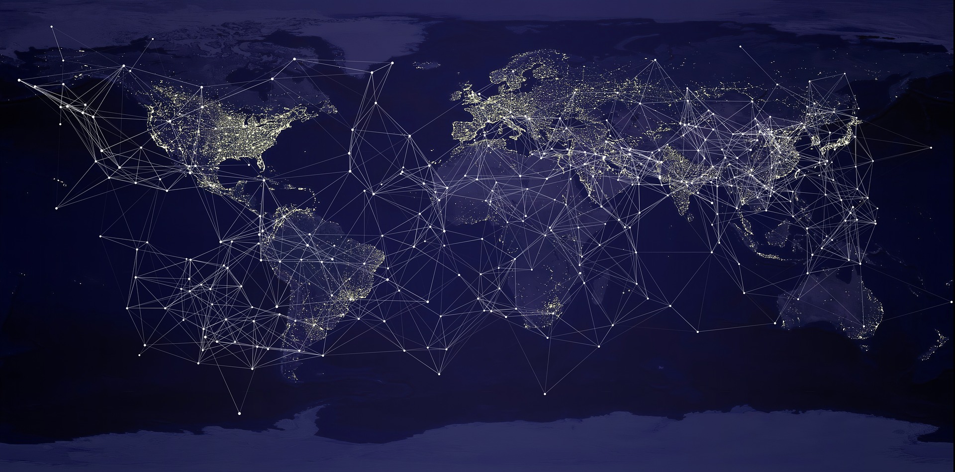 A map of the world at night with a network of bright lines between countries