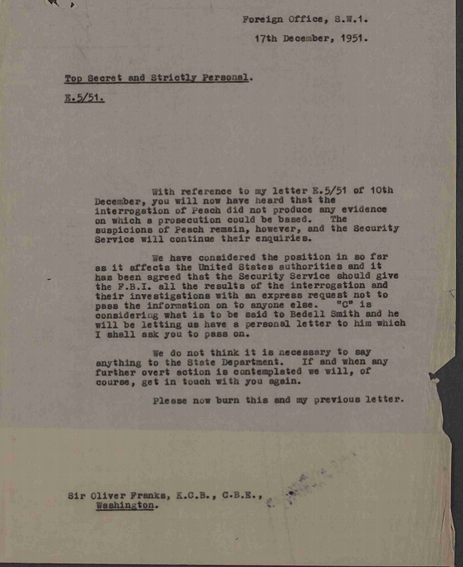december 1951 letter sir oliver franks advising burn letter and previous letter