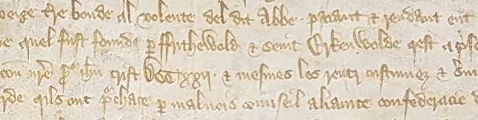 A section of the petition made by John de Usk, Abbot of Chertsey, to the King and Parliament in 1377, showing the alleged details of the Abbey's foundation.