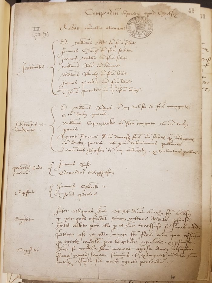 An example page from the Compendium Compertorum, 1535, which recorded whether or not the monasteries were complying with the Oath of Supremacy.