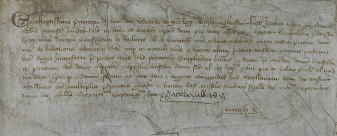 Presentation of the next prior of Lenton in Nottinghamshire from 1376, signed by the sender, Jacques de Cozan.