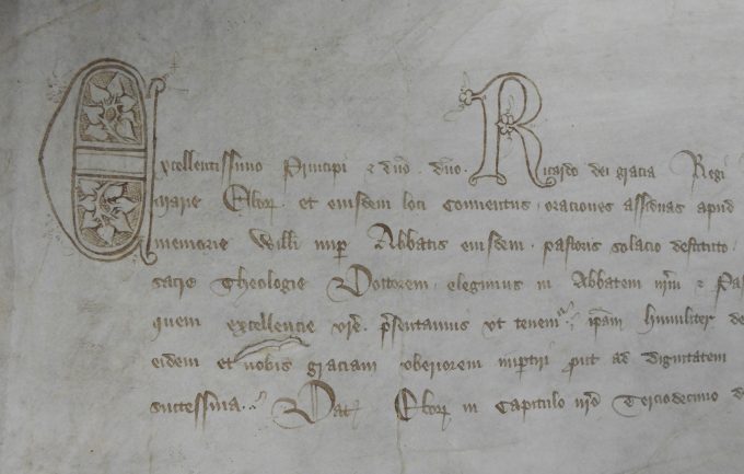 Hand-written request for the confirmation of the election of a new abbot of St Mary’s Abbey in York in 1382