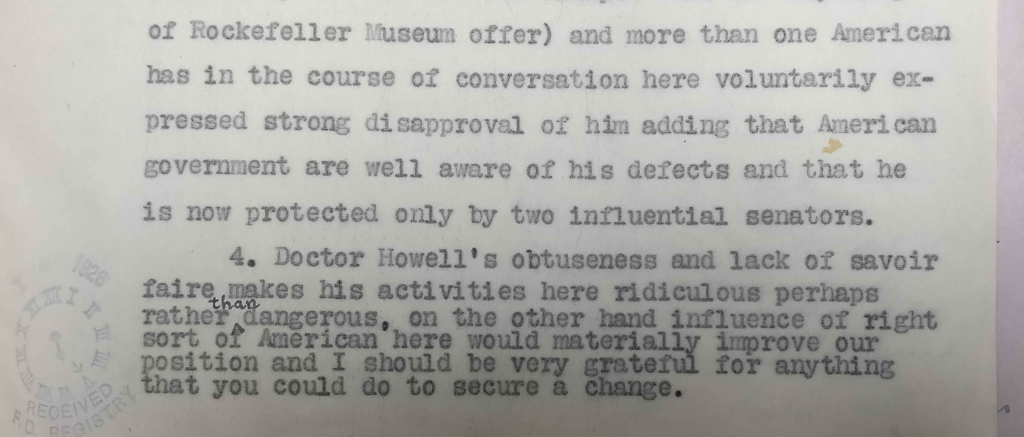 A short extract (12 lines) of a letter from George Lloyd to the Foreign Office, written on 1 March 1926 (catalogue reference: FO 371/11608).