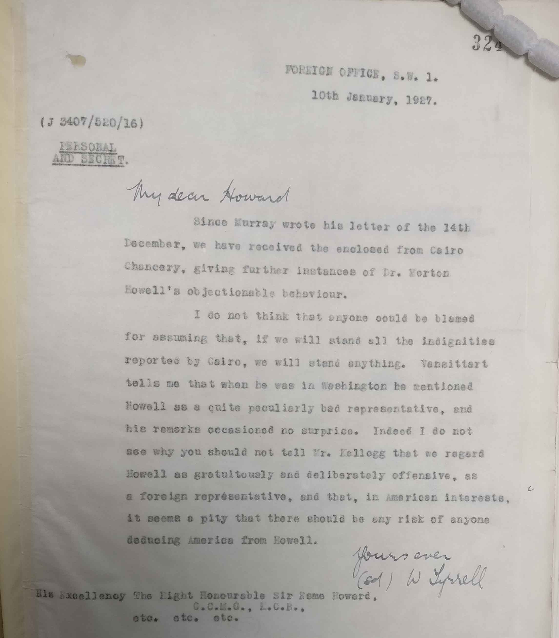 A letter from Tyrrell to Howard dated 10 January 1927 (catalogue reference: FO 371/11608).