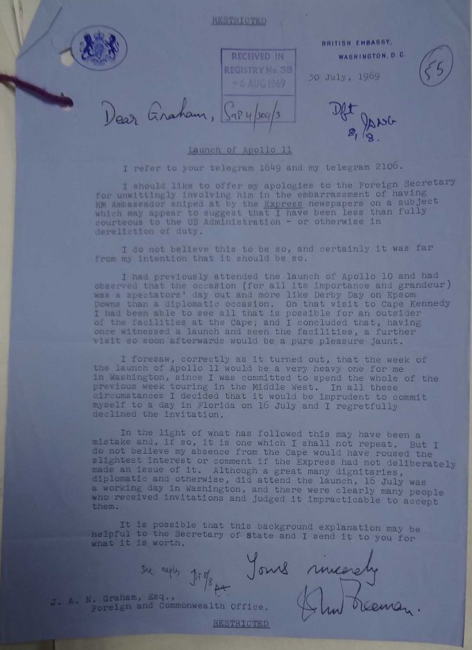 Typed letter from Freeman to Graham, 30 July 1969 (catalogue reference: FO 55/351).